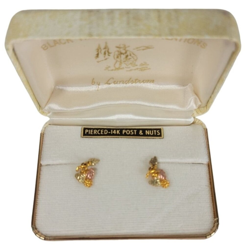 Landstroms Black Hills Gold Grapevine Earrings 14K Pierced Post & Nuts With Box